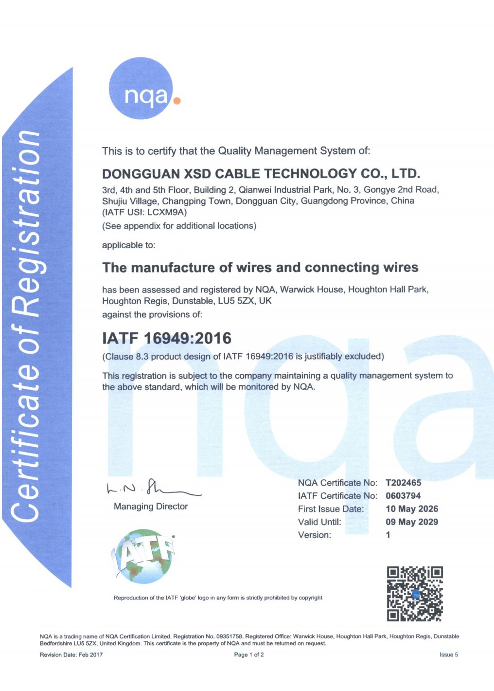 XSD IATF 16949 certificate supplied in the workspace